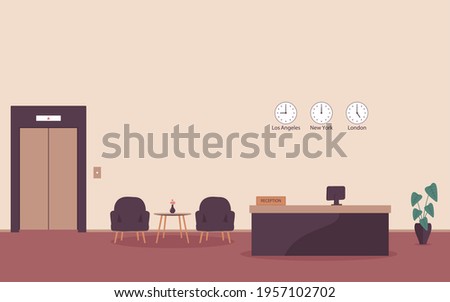 Administrator workplace in  hotel or bank with elevator. Interior of a modern reception desk in the waiting room with armchairs and table or lobby of business office with lift.Vector flat illustration