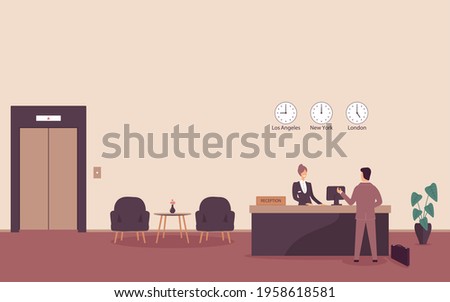 Woman receptionist behind workplace in hotel or bank lobby talking with guest. Interior of modern reception desk in waiting room, hall or corridor with lift in business office.Vector flat illustration