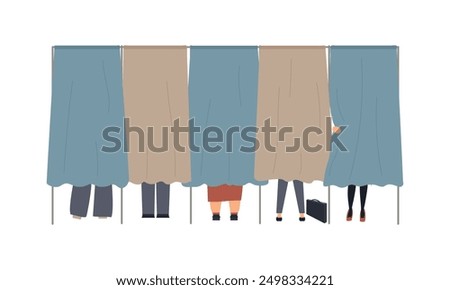 Political election process. Bundle of people are in the voting booths putting ballots in box at polling station, choosing candidate or voting for politicians. Vector cartoon illustration