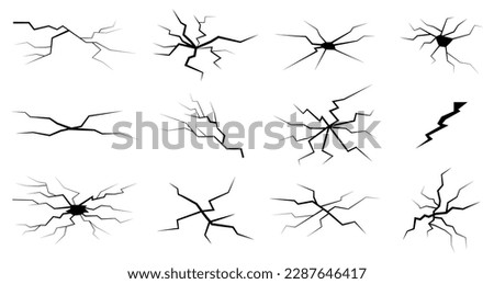 Abstract crack vector set for decoration design. Ice cracks set, earthquake impact, construction crash. Simple black and white isolated crack set.