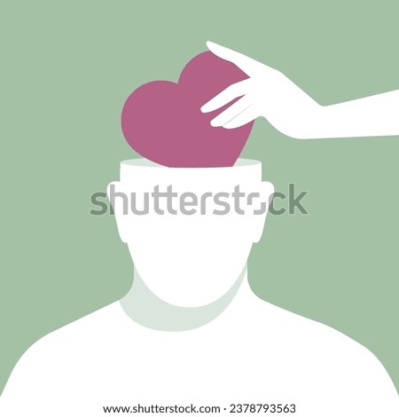 Female hand put heart inside male head. Man silhouette without face. Abstract human head template. Man front view. Mental health, brainwash, relationship and social issues concept.