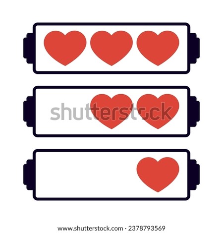 Love battery indicator. Heart shape feeling. Passion level battery icon. Energy of love and life. Charging heart concept. Simple minimalistic flat style battery heart logo. Heart recharging.