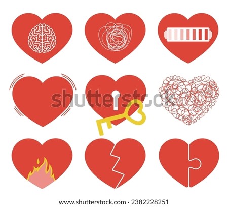 Heart shapes with different filling. Scribble,with lock hole and key, healthy plain color, broken heart, puzzle, burning flame heart. Isolated vector elements.