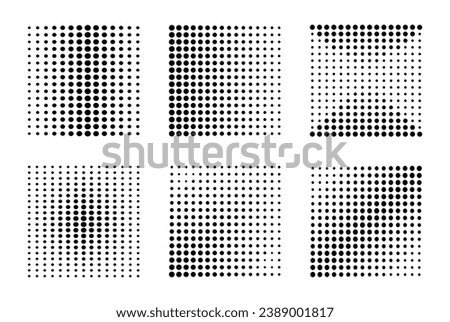 Pop art half tone dotted black isolated elements set. Gradient imitation with different size points. Trendy abstract retro and modern graphic backgrounds. Square composition.