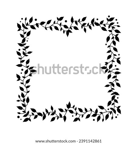 Black liana silhouette border frame. Simple shape branch of curve liana plant decoration. Liana shrub. Isolated floral swirly jungle frame. Climbing leaves.