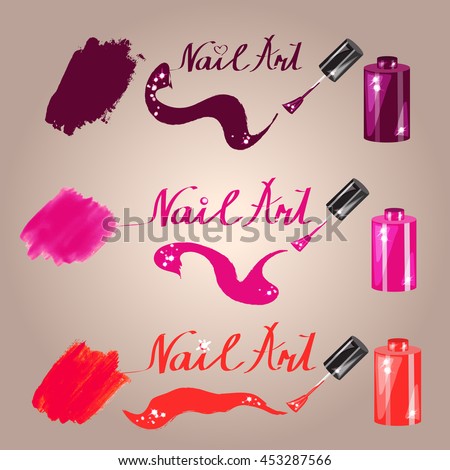 vector nail art illustrations, polish bottles with polish textures. Elements for logo, banner, card, etc.