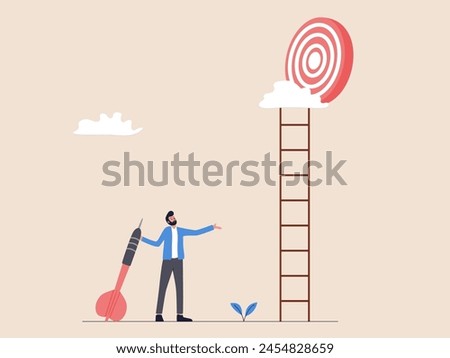 A man is holding an arrow, looking confused as the target is high on a staircase. This illustration represents the challenge of aiming high and facing ambitious goals.