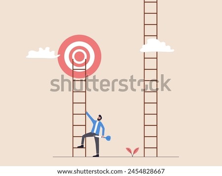 A businessman climbs a ladder towards an arrow target. Faced with two ladders, he chooses the one aligned with the target, symbolizing strategic decision-making and goal-oriented focus.