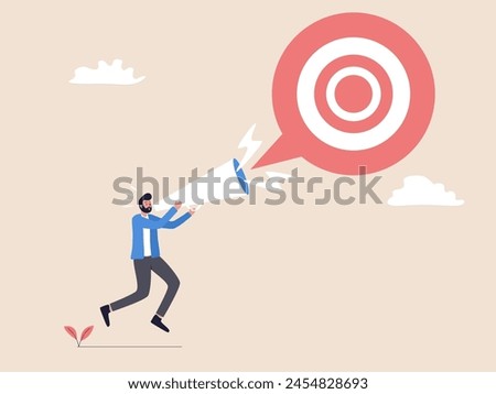A man is shouting through a loudspeaker towards an arrow target. This illustration symbolizes announcing new goals or resolutions with determination.
