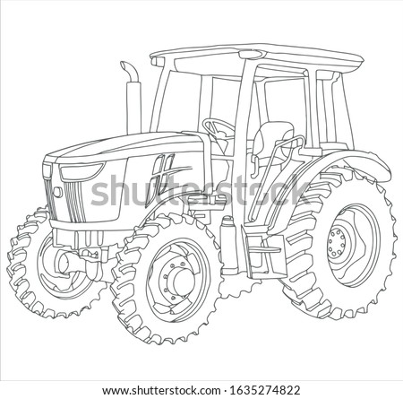 Vector drawing of the tractor. The drawing is inspired by a real machine. All lines in the drawing can be edited. The background is blank.