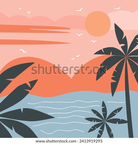 Vibrant beach background with silhouettes of palm trees, an ocean with small waves in white, a pastel yellow sun, pink mountains simulating the dawn, and the sky filled with flying birds