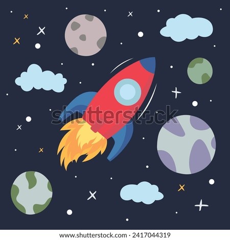 Space filled with planets, clouds, and stars against a dark night sky, with a rocket firing its engine, propelled to travel through the astrological universe. Vector illustration.