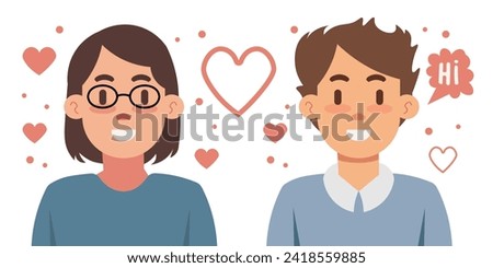 Enamored university student, smiling, brown-haired, wearing a light blue shirt, facing forward with his girlfriend wearing glasses. Happy couple in love with hearts around them, portrayed together. 