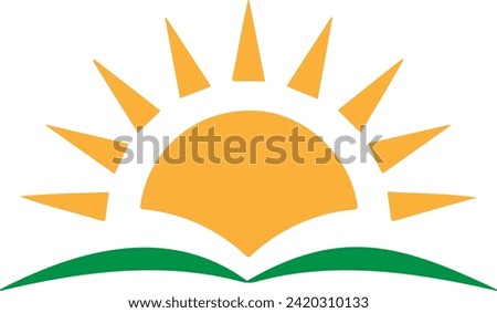 Color-filled icon in green and yellow depicting a sunrise with the sun rising on the horizon. Abstract, artistic, sunny, flat, minimalist border vector illustration.