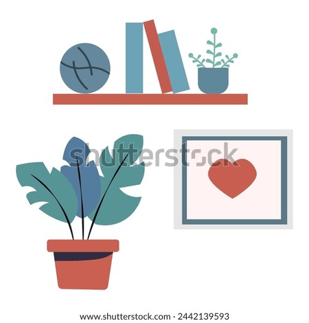 A collection of items for a bazaar-themed vector illustration to decorate a living room or another environment. It includes a decorative photo frame, a plant, and a shelf with books and decorations