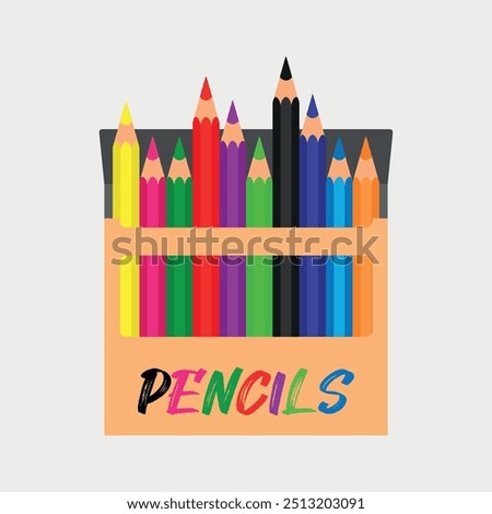 Pencil box with colored pencils. Vector illustration of pencil case isolated on white background for kids coloring activity worksheet workbook.