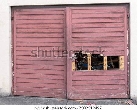 Similar – Image, Stock Photo An old weathered garage door. The blue and white paint is flaking off artfully.