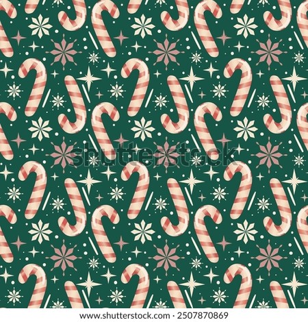 Seamless Christmas candy cane illustration pattern, vector green background. 