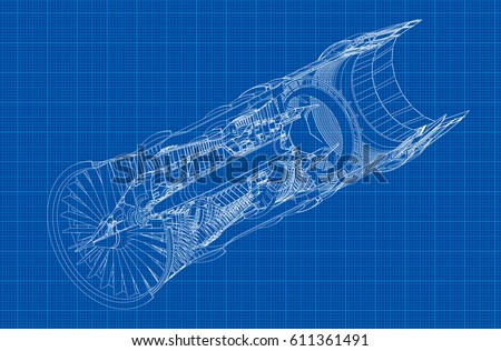 Jet engine isometrics on blue graph paper. Vector line illustration.