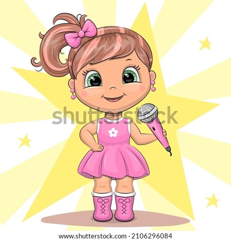 Cute cartoon girl with a microphone sings a song. Vector illustration with a big yellow star in the background.