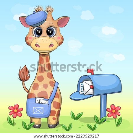 A cute cartoon giraffe postman with a blue bag and hat stands next to the mailbox. Vector illustration of an animal.