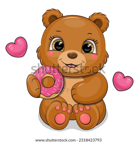 Cute cartoon brown bear with a donut. Vector illustration of an animal with sweet food and two pink hearts on a white background.