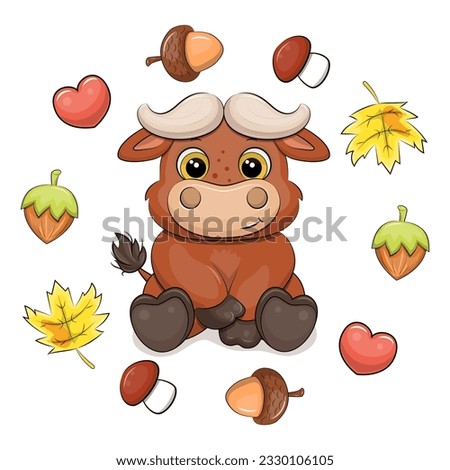 Cute cartoon buffalo in autumn frame. Vector illustration of an animal with nuts, acorns, leaves, hearts and mushrooms on a white background.