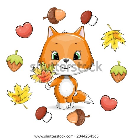 Cute cartoon red fox with fallen leaves in an autumn frame. Vector illustration of an animal with a nut, an acorn, a yellow leaf, a mushroom and a heart on a white background.