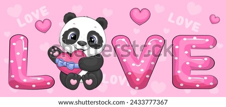 Word Love and cute cartoon panda with pink heart. Vector illustration on pink background with hearts.