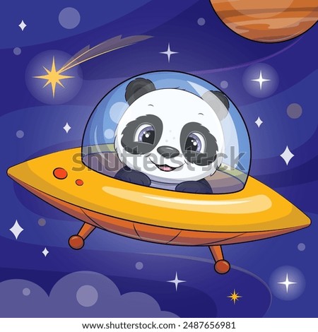 Cute cartoon panda in a spaceship. Vector illustration of an animal in space on a blue background with stars and a planet.