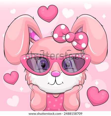 Cute cartoon pink bunny wearing pink glasses and hair bow. Vector illustration of an animal on a pink background with hearts.