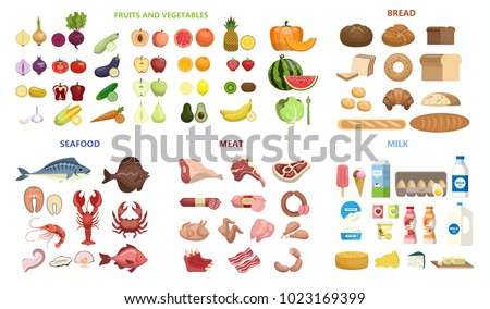 All food set. Fruits and vegetables, meat and diary, seafood and bread.