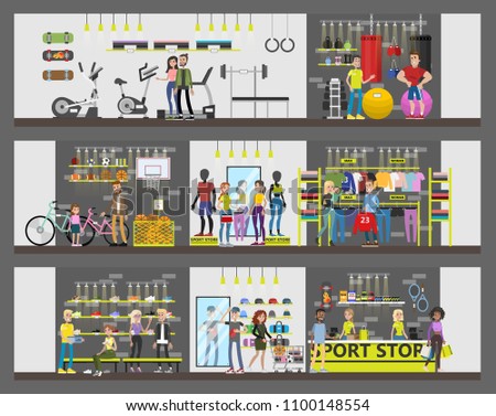 Sport store city building with customers and equipment.