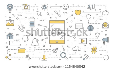 Social media concept ilustration. Global communication, sharing content and getting feedback. Using networks for business promotion. Marketing strategy. Isolated line vector illustration