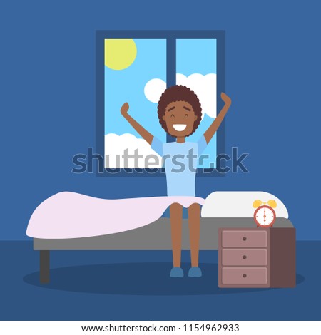 Happy african american man waking up early in the beginning of the good day. Guy sitting on the bed. Isolated vector illustration in cartoon styl