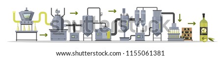 Olive oil production or manufacture process stages. Washing, pressing, filtrating and packaging bottles with organic oil. Isolated vector flat illustration