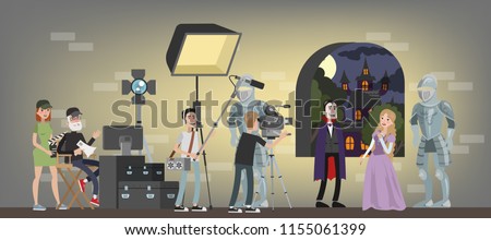 Film studio building interior. Shooting fantastic horror movie using camera, lights, microphones and other equipment. Making film concept. Vampire biting princess scene. Vector flat illustration