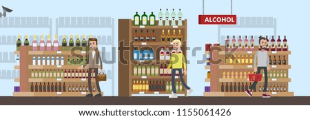 Duty free interior in the airport building. People buying cheap alcohol. Tax free. Vector flat illustration