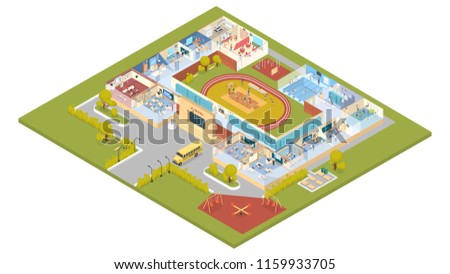 School or college interior with library, gym, lecture room and dining hall. Children studying in classroom. Isolated isometric vector illustration