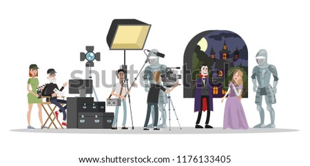 Film studio building interior. Shooting fantastic horror movie using camera, lights, microphones and other equipment. Making film concept. Vampire biting princess scene. Vector flat illustration