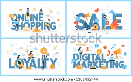 Set of online shopping word with people around. Sale and customer loyalty. Digital marketing strategy. Modern technology, internet and e-commerce. Vector abstract line illustration