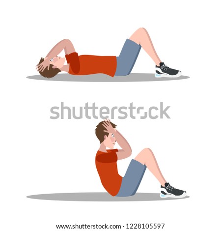 Man doing crunches in the gym. Belly burn workout. Guy make exercise. ABS workout. Healthy and active lifestyle. Isolated vector illustration