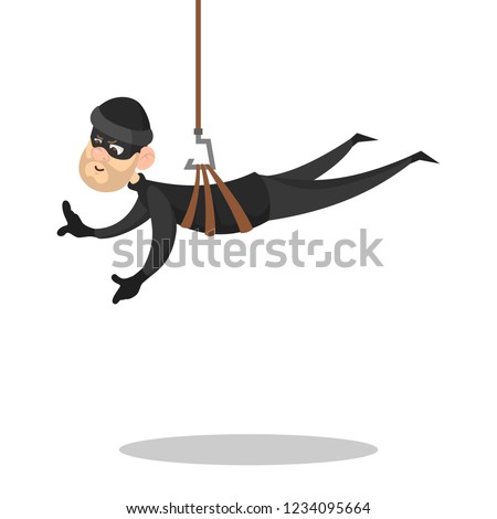 Thief or burglar in black clothes and mask. Crime character stealing something. Security and safety danger concept. Isolated vector illustration in cartoon style