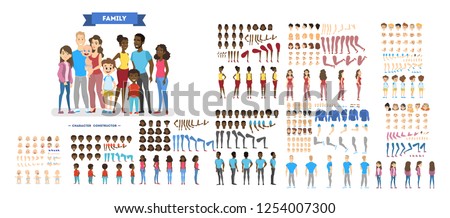 Big family character set for the animation with various views, hairstyle, emotion, pose and gesture. African american mother, father and children. Isolated vector illustration in cartoon style