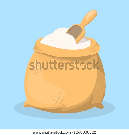 Bag of wheat white flour and a shove. Product for baking and bread making. Brown sack. Isolated vector illustration