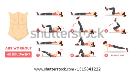 ABS workout for women. Sport exercise for perfect abs. Fit body and healthy lifestyle. Muscle training. Isolated vector illustration