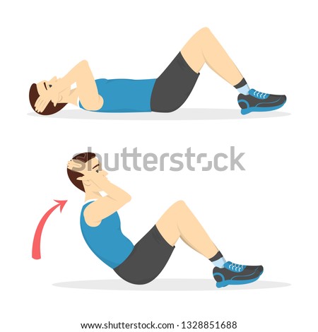 Man doing crunches in the gym. Belly burn workout. Guy make exercise. ABS workout. Healthy and active lifestyle. Isolated vector illustration