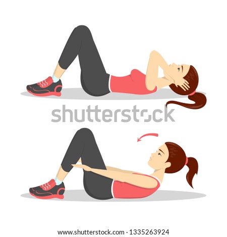 Woman doing crunches in the gym. Belly burn workout. Girl make exercise. ABS workout. Healthy and active lifestyle. Isolated vector illustration