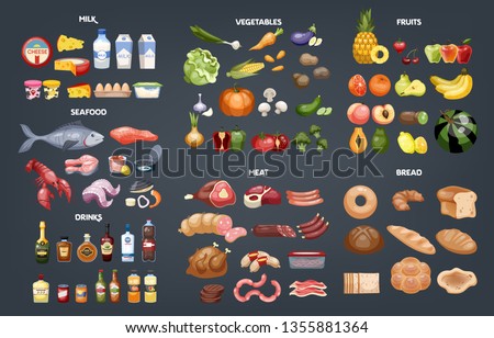 Food set. Collection of various meal, fish and meat, vegetables and bread. Healthy fresh nutrition. Ingredients for cooking. Vector illustration in cartoon style Foto stock © 
