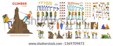Mountain climber animation set. Active and extreme lifestyle. Travel or adventure. Outdoor activity. Equipment for mountaineering. Vector illustration in cartoon style ストックフォト © 